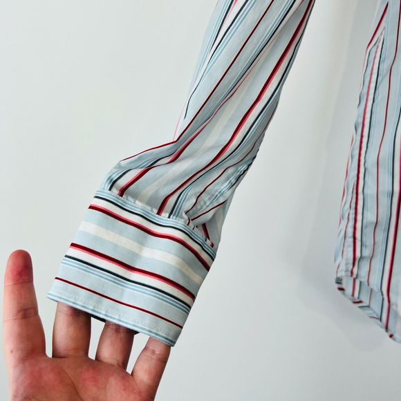 Etro Shirt M UK Blue Red Striped Cotton Tailored Long Sleeve Logo Classic - Picture 6 of 12
